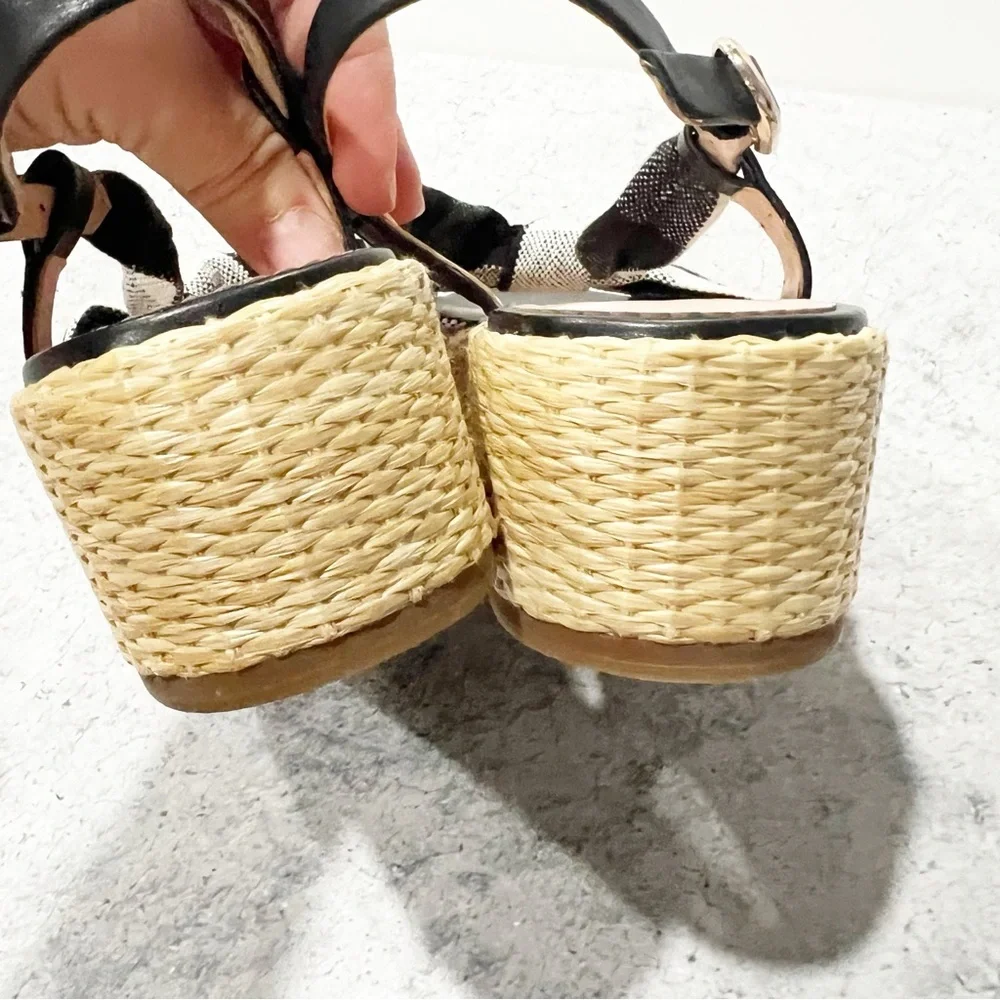 NEW Kate Spade Betsy Gingham Mixed Material Platform Sandal Black / Cream 7.5